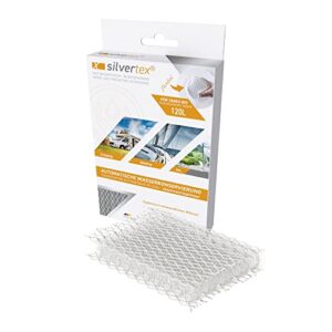 Verpackung des WM aquatec Silvertex zur automatischen Wasserkonservierung für Wohnmobile, Caravans und Boote, geeignet für Tanks bis 120 Liter. Grafik mit Wasserfilter und Nutzungshinweisen.