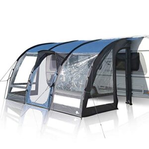 your GEAR Wohnwagenvorzelt Verona 390 in Blau und Grau mit transparenten Fenstern, ideal für Camping, bietet UV 50+ Schutz und ist wasserdicht mit 5000mm Wassersäule.