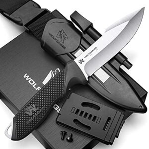 Wolfgangs W3 Outdoor Messer mit feststehender Klinge aus 440C Stahl, inkl. Scheide und Feuerstarter, ideal für Outdoor-Aktivitäten und Jagd, Schwarz und Silber.