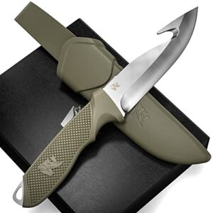 Wolfgangs WHUNTER 2 Jagdmesser mit feststehender Klinge aus D2 Stahl und Aufbrechhaken auf dunkler Unterlage, ideal für Jagd und Outdoor-Aktivitäten.