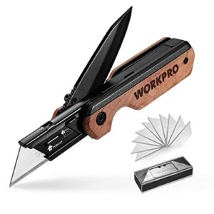 WORKPRO 2-IN-1 Taschenmesser mit klappbarem Design, Aluminium und Holzgriff, ideal für Gartenarbeit und Camping, inklusive 10 zusätzlichen Klingen