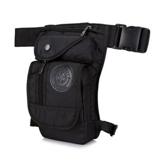 Schwarze multifunktionale Nylon Beintasche mit mehreren Fächern, ideal für Outdoor-Aktivitäten wie Motorradfahren, Radfahren und Wandern, ausgestattet mit einem verstellbaren Gürtel.