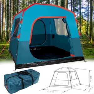 Geräumiges XXL Zelt für 6 Personen im Wald, mit blauer Farbe und stabiler Struktur, perfekt für Campingabenteuer mit Familie oder Freunden.