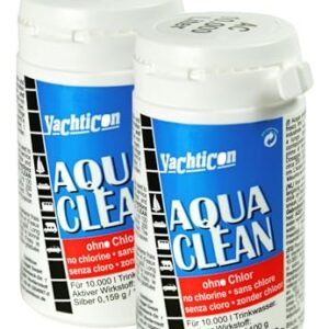 YACHTICON Aqua Clean AC 10.000 Wasseraufbereiter ohne Chlor zur Konservierung von 10.000 Litern Trinkwasser für Wohnmobils, Yachten und Camping. Verpackung in klaren Behältern mit blauen Etiketten.