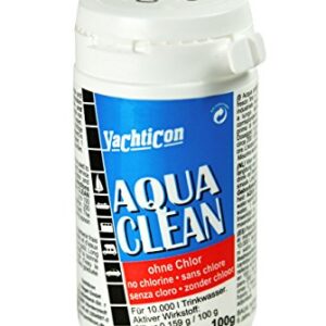 YACHTICON Aqua Clean AC 10.000 chlorfreier Wasseraufbereiter in einer weißen Kunststoffflasche mit blauer Etikettierung, konzipiert für die Konservierung von bis zu 10.000 Litern Trinkwasser, ideal für Wohnmobile, Yachten und Camping.