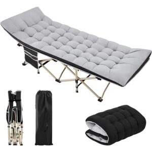 Klappbares Feldbett mit gepolsterter Matratze in Grau für Camping und Garten, inklusive Tragetasche und praktischen Seitentaschen.