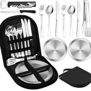 Yamitora Camping Geschirr Set für 2 Personen in tragbarer Tasche, bestehend aus Edelstahlbesteck und Tellern, ideal für Outdoor-Aktivitäten wie Camping, Grillen und Picknicken.