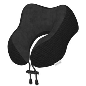 Ergonomisches Yomisee Nackenkissen aus Memory Foam mit samtweichem Bezug in Schwarz für entspanntes Reisen im Flugzeug, Auto oder Zug.