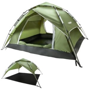 Yorbay 2 in 1 Pop Up Camping Zelt für 2-3 Personen in grün mit doppelwandigem Design, ideal für Outdoor-Aktivitäten, Festivals und Familienausflüge. Das Zelt zeigt eine kuppelförmige Konstruktion mit mehreren Belüftungsfenstern.