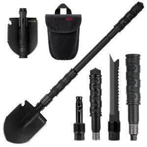 YOUNGDO Klappspaten mit 14 Funktionen, enthalten sind eine Schaufel, ein teleskopierbarer Griff und mehrere zusätzliche Werkzeuge für Outdoor-Aktivitäten und Gartenarbeit.
