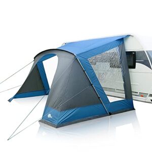 Robustes Caravan Sonnendach Sharki in blauer und grauer Ausführung, montiert an einem Wohnmobil, optimal für Camping mit UPF 50+ Sonnenschutz und 5000 mm Wassersäule.