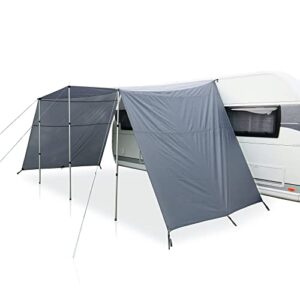 your GEAR Caravan Tarp Teramo als Sonnendach für Wohnwagen, bietet Schutz vor Sonne und Regen mit UPF 50+ Beschichtung, aufgestellt am Campingplatz