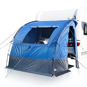 your GEAR Venecia Caravan Heckzelt in blau an Wohnmobil, geräumig mit transparentem Fenster für Belüftung und Licht, ideal für Camping und Outdoor-Aktivitäten.