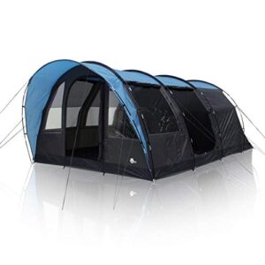 Geräumiges Tunnelzelt für 5 Personen in Blau und Schwarz mit großen Fenster und stabiler Konstruktion, ideal für Familiencamping und Outdoor-Aktivitäten.