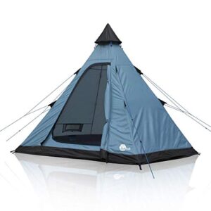 Tipi-Zelt für 3 bis 4 Personen, blau mit schwarzem Dach, ideal für Camping und Outdoor-Aktivitäten, ausgestattet mit Insektenschutz und großzügiger Stehhöhe.