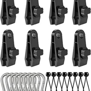 Multifunktionale Zeltplanen Clips Set mit 24 Stück, inklusive Clips, Karabinerhaken und Gummibällen für sicheres Befestigen von Zelten und Abdeckungen.