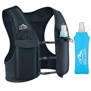 Zelvot Laufweste für Damen und Herren in Schwarz mit verstellbaren Brustgurten, 500 ml Trinkflasche und reflektierenden Elementen, ideal für Outdoor-Aktivitäten wie Laufen und Wandern.