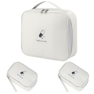 Set von drei praktischen Medikamententaschen in Grau, bestehend aus einer großen und zwei kleinen Taschen, ideal für die Aufbewahrung von Medikamenten und persönlichen Gegenständen unterwegs.