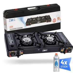 Tragbarer 2-flammiger Camping Gaskocher im kompakten Aufbewahrungskoffer mit zwei Brennern und Gaskartuschen, ideal für Outdoor-Aktivitäten und Notfallkochen.