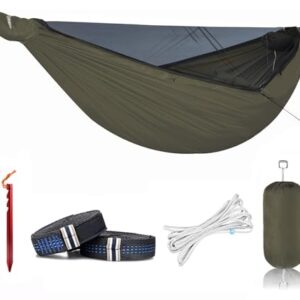 Portable 11-foot camping hammock with mosquito net, designed for outdoor relaxation while camping and hiking, featuring durable 40D ripstop nylon and essential accessories.