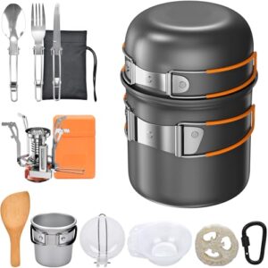 Vielseitiges 15-teiliges Camping Geschirr Set aus anodisiertem Aluminium, inklusive Töpfen, Pfanne, Besteck und Mini Campingkocher, ideal für Outdoor-Aktivitäten und Picknicks.