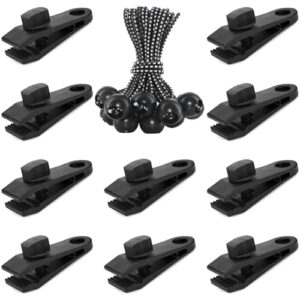 20 Stück Tarp Clips Set mit schwarzen Clips und elastischen Schnüren für die sichere Befestigung von Zelten und Planen im Outdoor-Bereich.