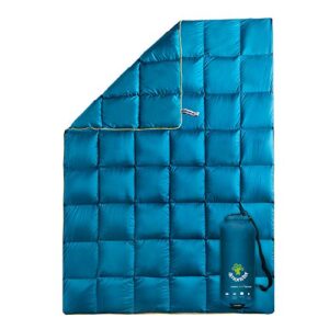 Leichte und kompakte 4Monster Outdoor Daunendecke in Türkisblau, ideal für Camping, Reisen und gemütliche Abende. Die Decke zeigt ein attraktives quadratisches Muster und verfügt über eine wasserabweisende Beschichtung.