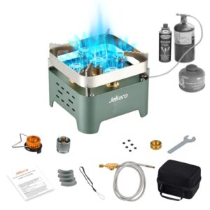 9000W Gaskocher für Camping und Outdoor-Aktivitäten mit tragbarem Design und winddichter Funktionalität. Der Kocher ist aus robustem Edelstahl gefertigt und wird mit Gaskartuschen zur Verwendung geliefert.