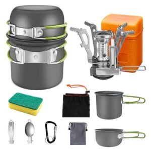Camping Kochgeschirr Set für 1-2 Personen, Outdoor Faltbarer Camping Topf mit Gaskocher Picknick Geschirr Kit Leicht Aluminium Kochset für BBQ, Wandern, Kochen, Flüssiggas