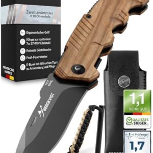 BERGKVIST Klappmesser K10 - Zweihandmesser mit Feuerstahl und Olivenholzgriff - Outdoor & Survival Messer