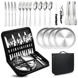 Camping Besteckset für 4 Personen mit Picknick-Teller und Utensilien, tragbarer Geschirr aus Edelstahl mit Organizer-Tasche, wiederverwendbar und langlebig