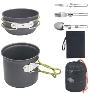 Camping Kochgeschirr Set für 1-2 Personen, Tragbares Camping-Geschirr aus Aluminium mit Faltbaren Besteck und Topf-Pfanne-Sets für Outdoor-Reisen und Wandern