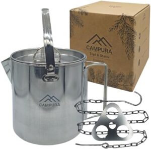 Edelstahl-Topf mit Lagerfeuer-Stativ und Messskala für Bushcraft, Wandern und Survival-Abenteuer