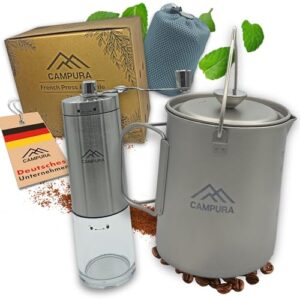 Campura Titan French Press Topf - 750ml mit Edelstahl Kaffeemühle und Präzisionsfilter für den perfekten Kaffee-Genuss im Freien, Camping- oder Wandertag