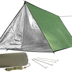 LYN großes 3 Personen Doppel Reißverschluss Schutzzelt in grün mit silberner Innenseite, designed für Camping und Notfallsituationen, zeigt eine einfache, tragbare Struktur mit Zeltpfählen und Packmaß.