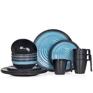 Melamin Camping Geschirr Set für 4 Personen, Stone Blue, inkl. Tassen und Kaffeebecher, ideal für Camping, Picknick und BBQ