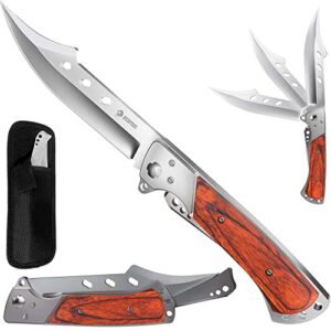 NEDFOSS FA50 scharfes Klappmesser mit 14 cm Klinge, ergonomischer Rosenholzgriff und 440C Stahl für Camping, Wandern und Jagd.
