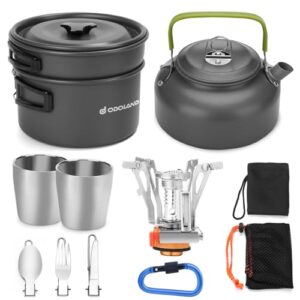 Kochgeschirr Set für 1-2 Personen, Kochset mit Mini Gaskocher Tragbar Aluminium Topf Teekessel Tassen Faltbare Besteck für Camping Outdoor Picknick Wandern