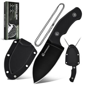 Hochwertiges EDC-Messer mit Spitzkante Neck Knife Messer P-DA, Kleines Messer Full Tang 5Cr14MoV Stahl, Feststehende Klinge 7,1cm Klingenlänge mit ABS Scheide Kugelkette, Voll-Schwarz