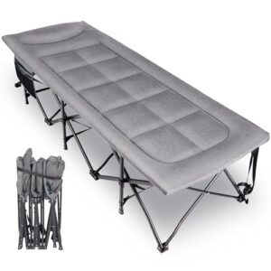 Faltbares Feldbett für Erwachsene mit grauem gepolstertem Topper, ideal für Camping und Gäste, stabil und leicht transportierbar