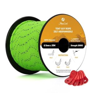 Abma Cord Abspannseile in Neon Grün, 30m lang mit 6 Seilspanner, ideal für sicheres Camping und Zeltaufbau.