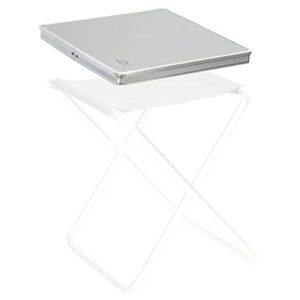 Praktische und tragbare Alu Tischplatte mit klappbarem Design, ideal für Camping, Angeln und Freizeitaktivitäten im Freien.
