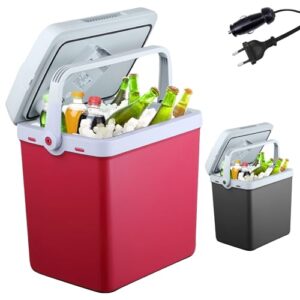Arebos 25 Liter Kühlbox zum Kühlen und Warmhalten, elektrische Mini Kühlschrank in Rot mit grauem Deckel und stabilen Griffen, ideal für Picknicks und Camping.