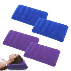 Vier Stück aufblasbare Velour Kissen in verschiedenen Farben, ideal für Reisen, Camping und Büro, bieten optimalen Komfort und Unterstützung.