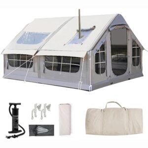 Aufblasbares Zelt für 6-8 Personen, ideal für Camping und Outdoor-Aktivitäten. Winddichtes und wasserdichtes Design mit Ofenloch und Luftpumpe.