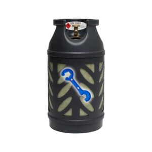 Leichte Propan-Gasflasche aus kompositem Material mit sichtbarem Füllstand, ideal für Camping und Outdoors, inklusive Gasreglerlöser und 17er Schlüssel.