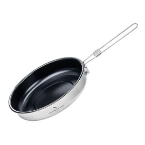 Ultraleichte Titan Camping Pfanne mit antihaftbeschichteter Oberfläche und faltbarem Griff für Gaskocher, ideal für Outdoor-Kochen.