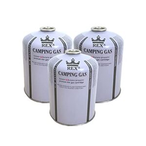 Set von drei 450g Ventilkartuschen für Gaskocher, ideal für Camping und Outdoor-Aktivitäten, mit Butan/Propan Mix.