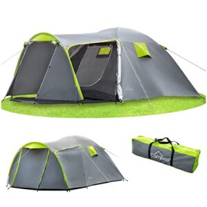 Campela Touristenzelt für 3-4 Personen, wasserdicht mit 3000 mm Wassersäule in natürlicher Umgebung aufgestellt, perfektes Campingzelt mit Moskitonetz und geräumigem Vorraum.
