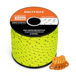 Rolle mit 30 m reflektierendem Abspannseil in neon-gelb für Camping und Outdoor-Aktivitäten, inklusive orangefarbener Seilspanner für einfache Handhabung und optimale Sichtbarkeit.